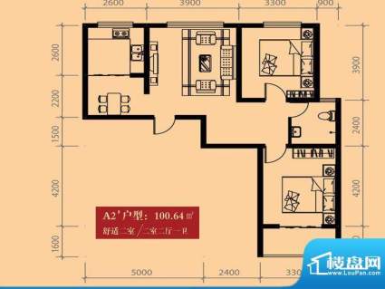 尚城户型图A2户型 2室2厅1卫1厨面积:100.64平米