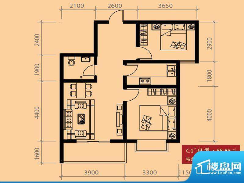 尚城户型图C1户型 2室1厅1卫1厨面积:88.55平米