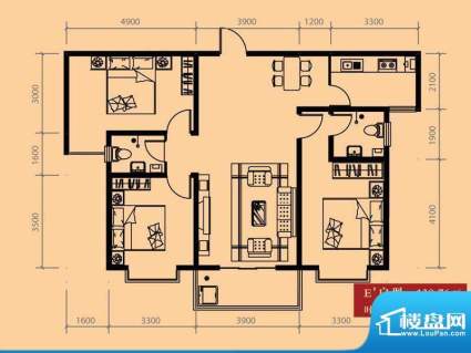 尚城户型图E户型 3室2厅2卫1厨面积:130.76平米