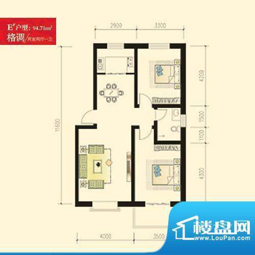 尚城户型图E户型 2室2厅1卫1厨面积:94.71平米
