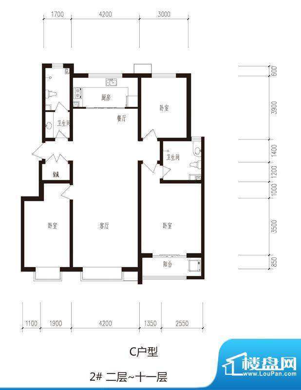 心海湾二期户型图2#-C户型 3室面积:139.35平米