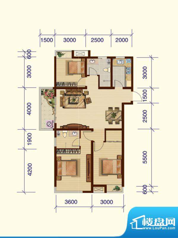 香缇树户型图2-A户型 3室2厅1卫面积:124.60平米