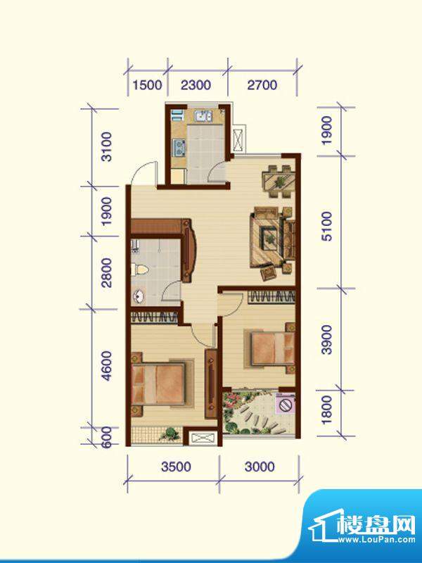 香缇树户型图2-C户型 2室2厅1卫面积:93.27平米