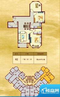 青岛印象金沙滩户型图b户型 3室面积:129.00平米