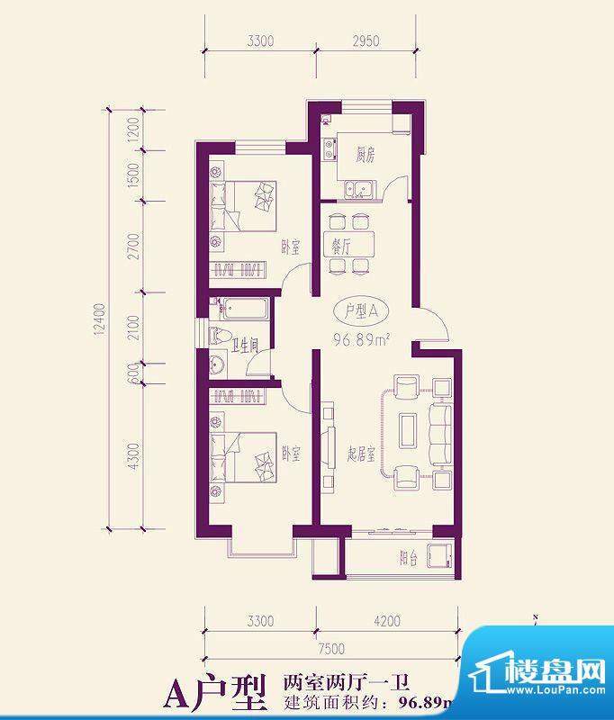 都市新城户型图A户型 2室2厅1卫面积:96.89平米