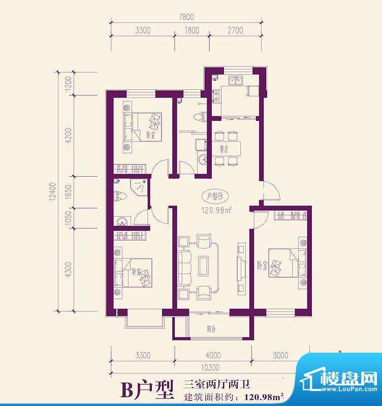 都市新城户型图B户型 3室2厅2卫面积:120.98平米