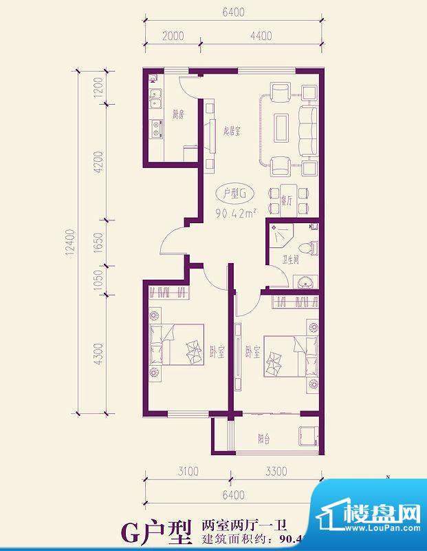 都市新城户型图G户型 2室2厅1卫面积:90.42平米