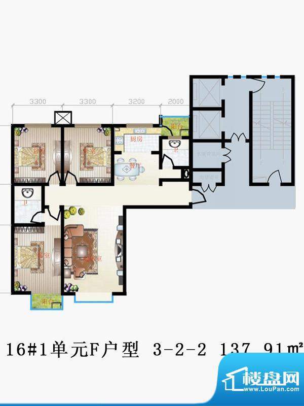 天润家园户型图16#1单元F户型 面积:137.91平米