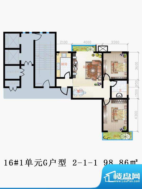 天润家园户型图16#1单元G户型 面积:98.86平米