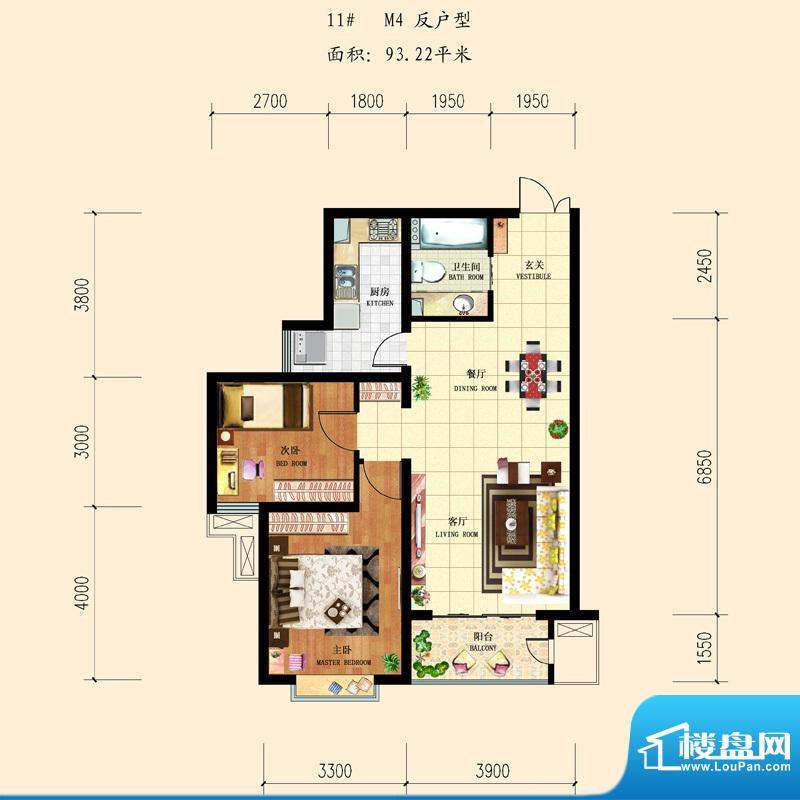 和平时光户型图11-M4反 2室2厅面积:93.22平米