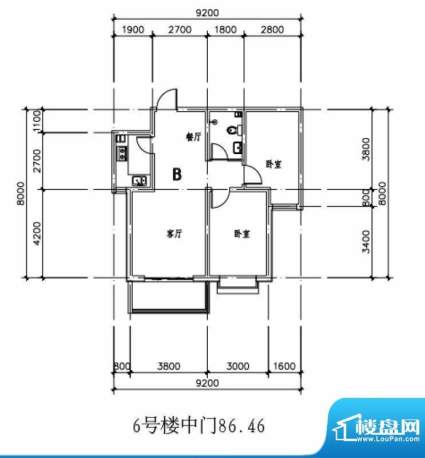 北关景城户型图6#户型1 2室2厅面积:86.46平米