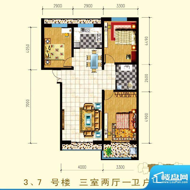 西部枫景傲城户型图3、7号楼 户面积:126.00平米