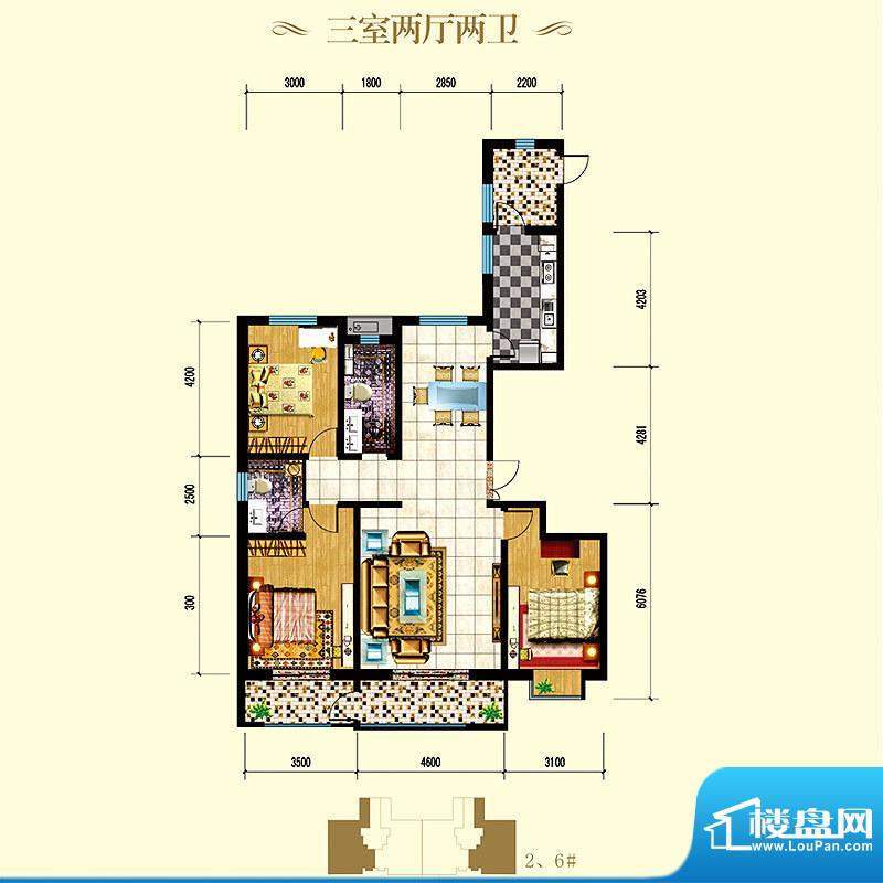 西部枫景傲城户型图2、6号楼户面积:155.00平米