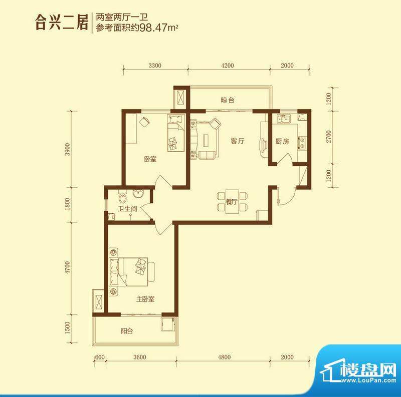 和合美家户型图合兴二居2室2面积:98.47平米