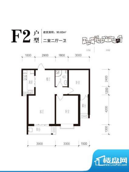 珠峰国际花园三期户型图26#F2户面积:90.83平米