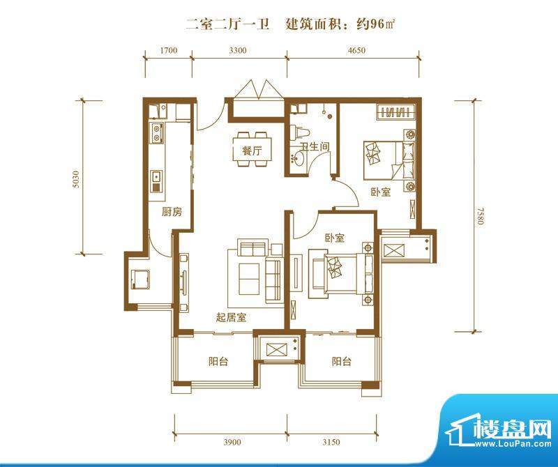 中景盛世长安户型图19号楼B6户面积:96.00平米