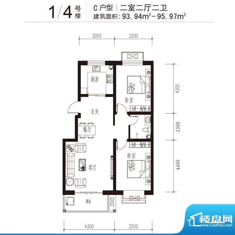 花溪里户型图1/4号楼C户型 2室面积:95.97平米