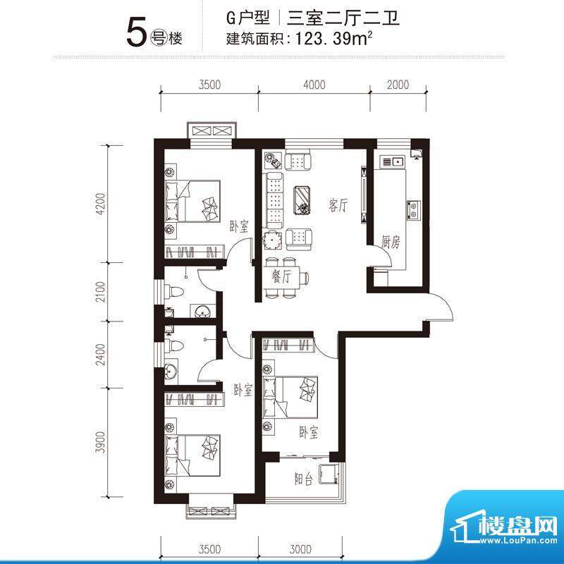 花溪里户型图5号楼G户型 3室2厅面积:123.39平米