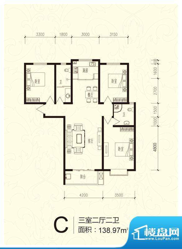 芝兰明仕二期户型图户型-C 3室面积:138.97平米