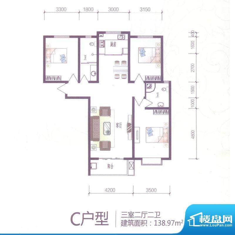 芝兰明仕二期户型图C户型138.9面积:138.97平米