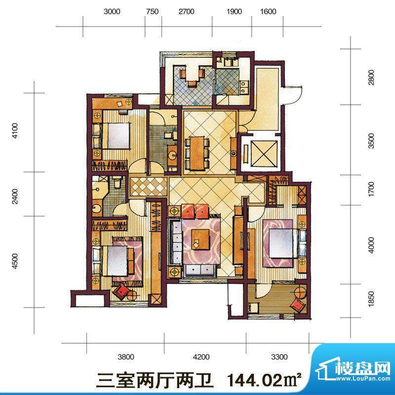 远见户型图P户型 3室2厅2卫1厨面积:144.02平米