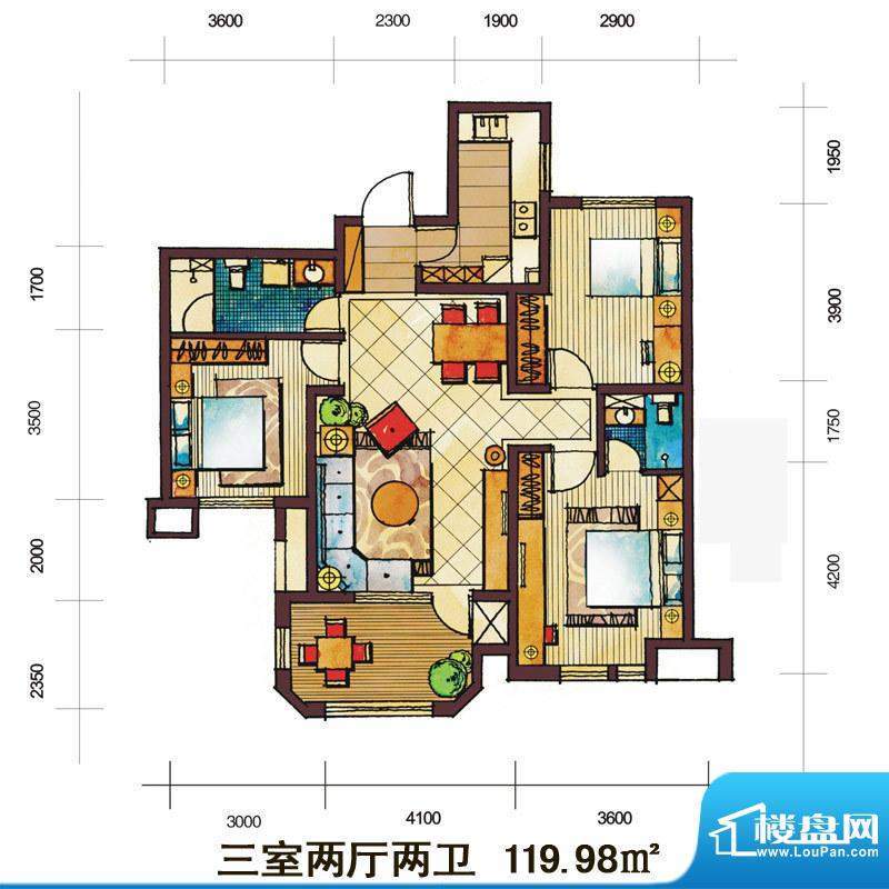 远见户型图B户型 3室2厅2卫1厨面积:119.98平米