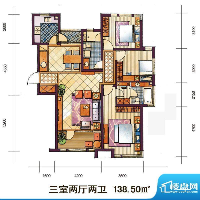 远见户型图C户型 3室2厅2卫1厨面积:138.50平米