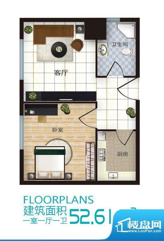 启城户型图公寓一室一厅一卫 1面积:52.61平米