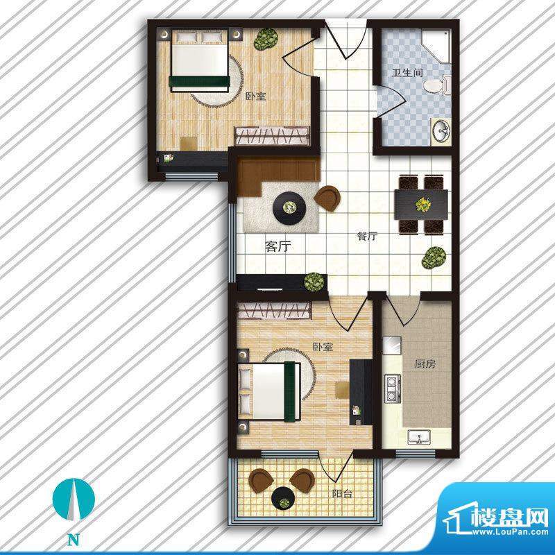 启城户型图住宅两室两厅一卫 2面积:76.50平米