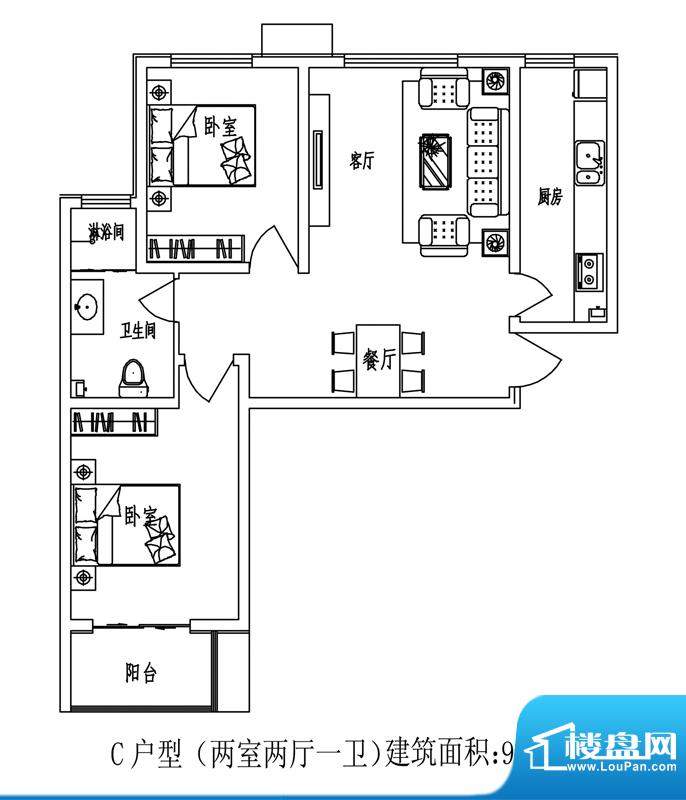 石门福地户型图C户型 2室2厅1卫面积:95.65平米