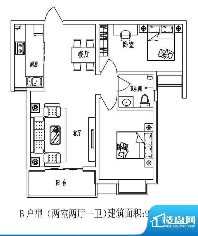 石门福地户型图5号楼B户型（反面积:91.97平米