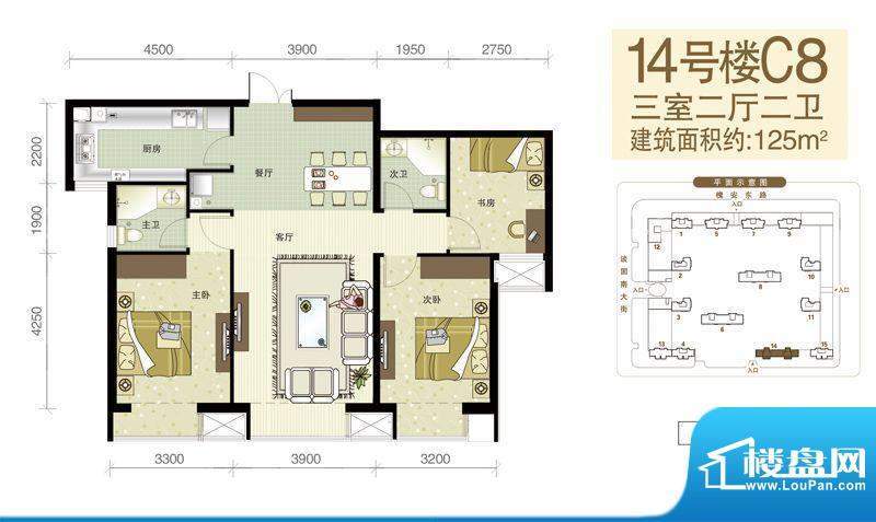 西美五洲天地户型图14号楼C8户面积:125.00平米