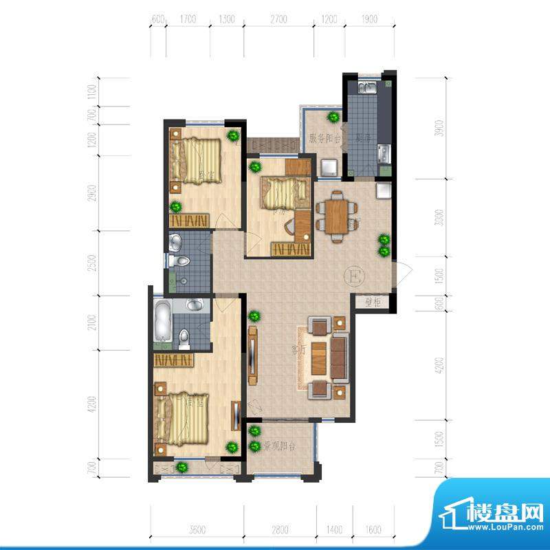 熙园户型图B座E户型 3室2厅2卫面积:139.91平米
