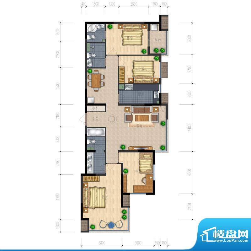 熙园户型图B座B户型 4室2厅3卫面积:128.88平米