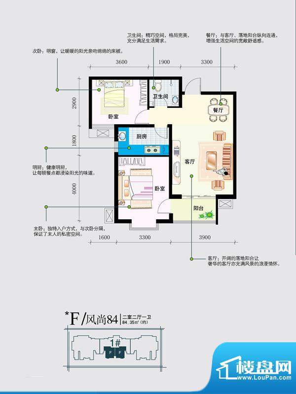 天地荣域户型图1#2#3#4#F户型2面积:84.00平米