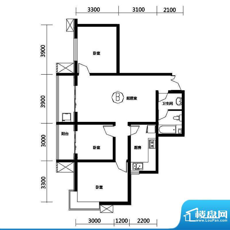 上洋国际户型图B户型 3室2厅1卫面积:115.56平米