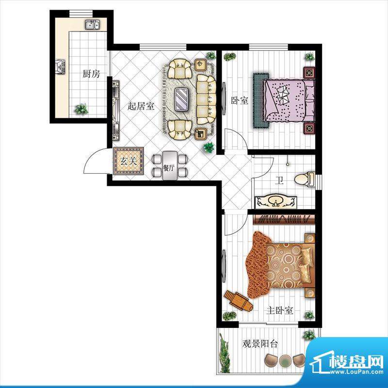环岛豪庭户型图C 2室2厅1卫1厨面积:78.00平米
