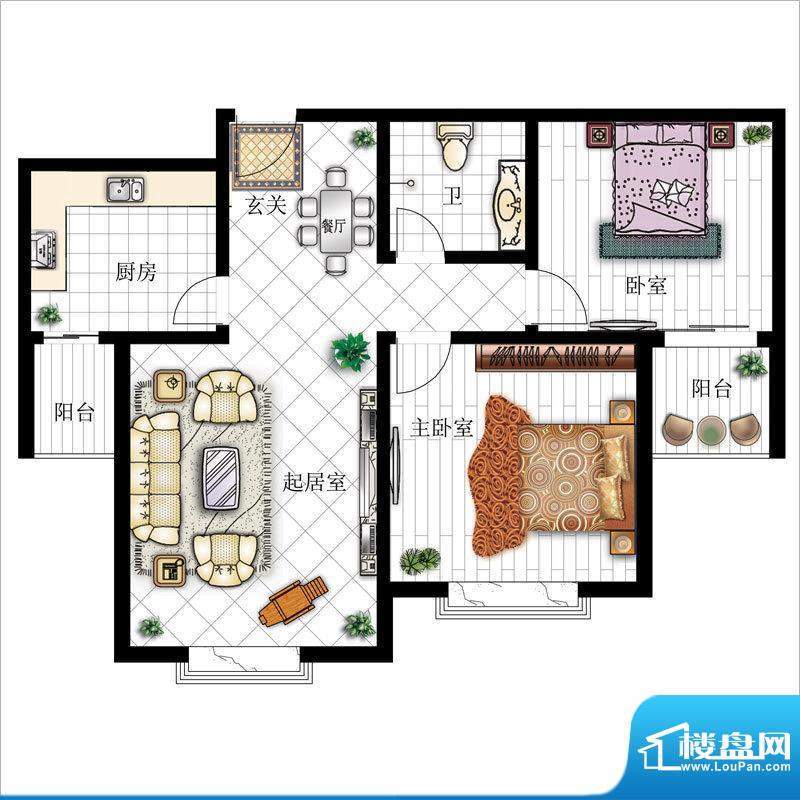 环岛豪庭户型图B 2室2厅1卫1厨面积:84.27平米
