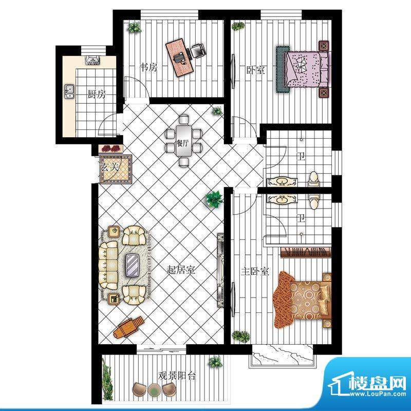 环岛豪庭户型图D 3室2厅2卫1厨面积:121.10平米