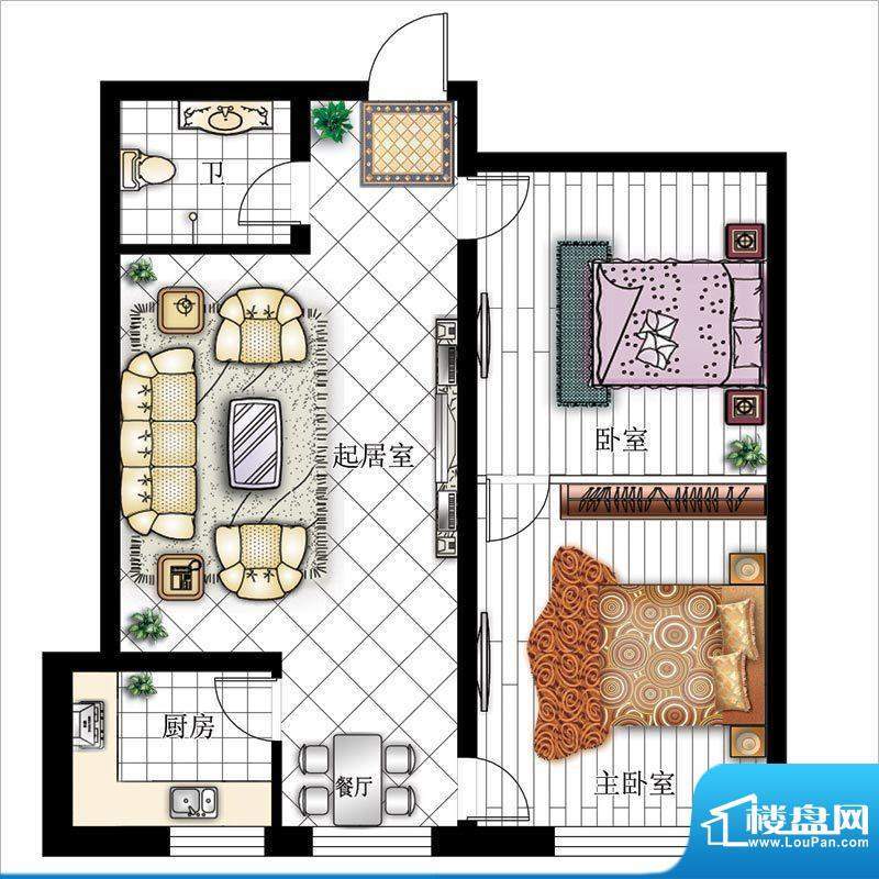 环岛豪庭户型图B3 2室2厅1卫1厨面积:84.05平米