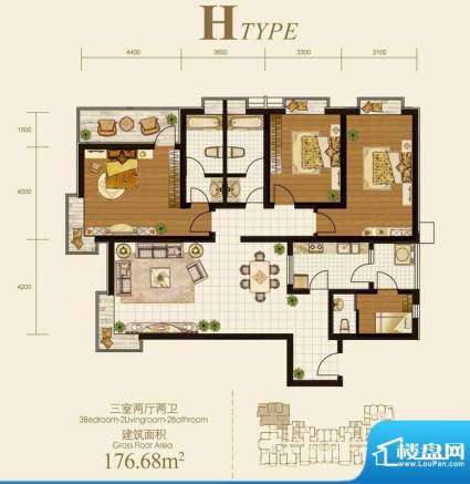国际丽都户型图H户型 3室2厅2卫面积:176.68平米