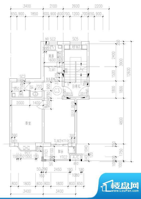 铜城丽都户型图C3户型 1室2厅1面积:74.00平米