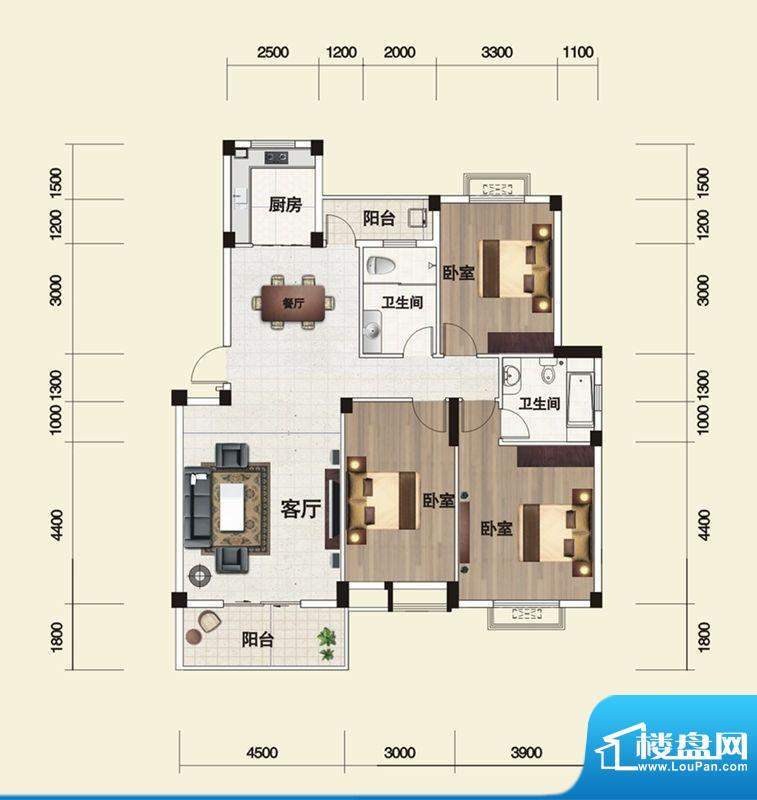 随州香山怡景A-1户型面积:129.81m平米