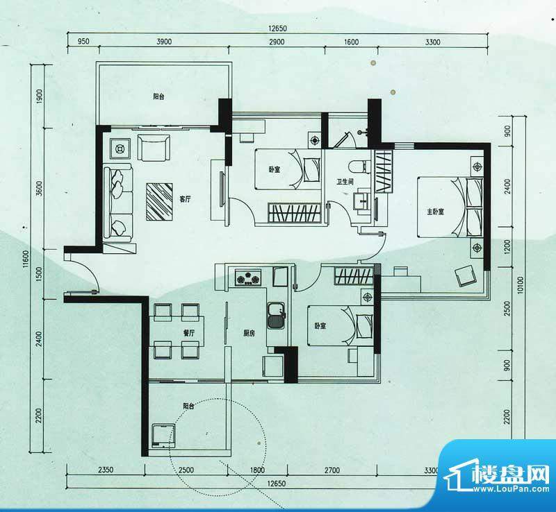 云顶澜山户型图11栋02户型 3室面积:89.21平米