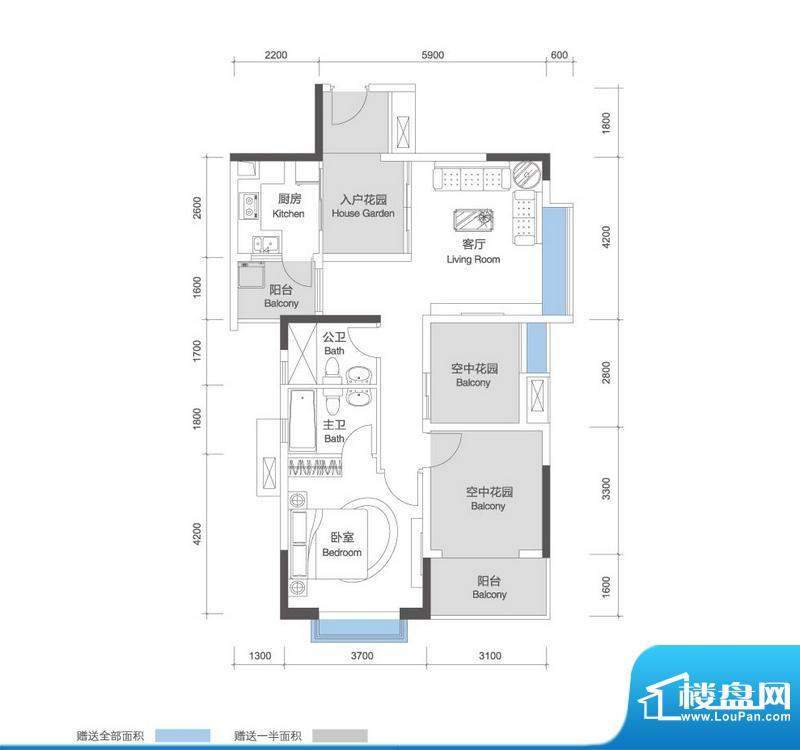 招商花园城二期户型图2栋\3栋1面积:89.00平米