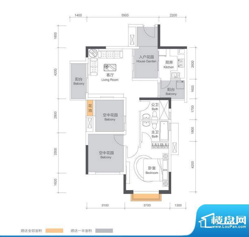 招商花园城二期户型图2栋\3栋1面积:89.00平米