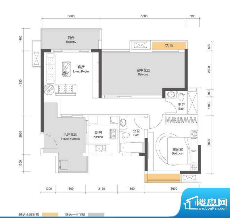 招商花园城二期户型图5栋 1单元面积:89.00平米