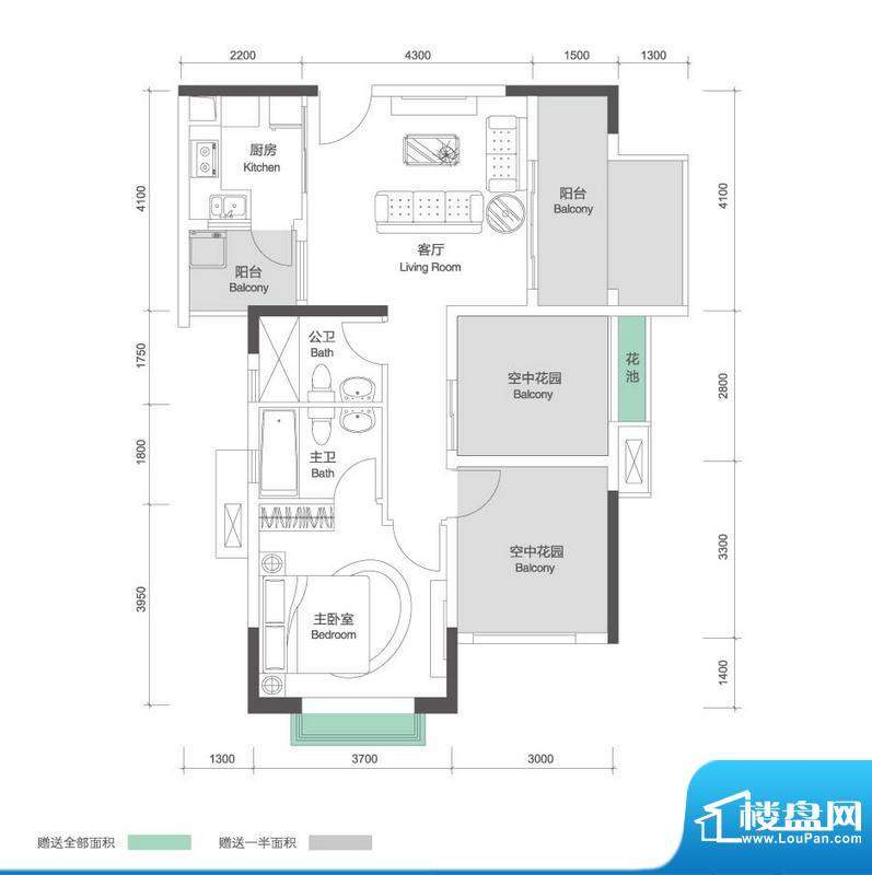 招商花园城二期户型图5栋 1单元面积:89.00平米