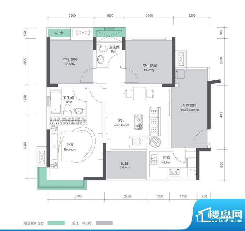 招商花园城二期户型图1栋 \4栋面积:89.00平米