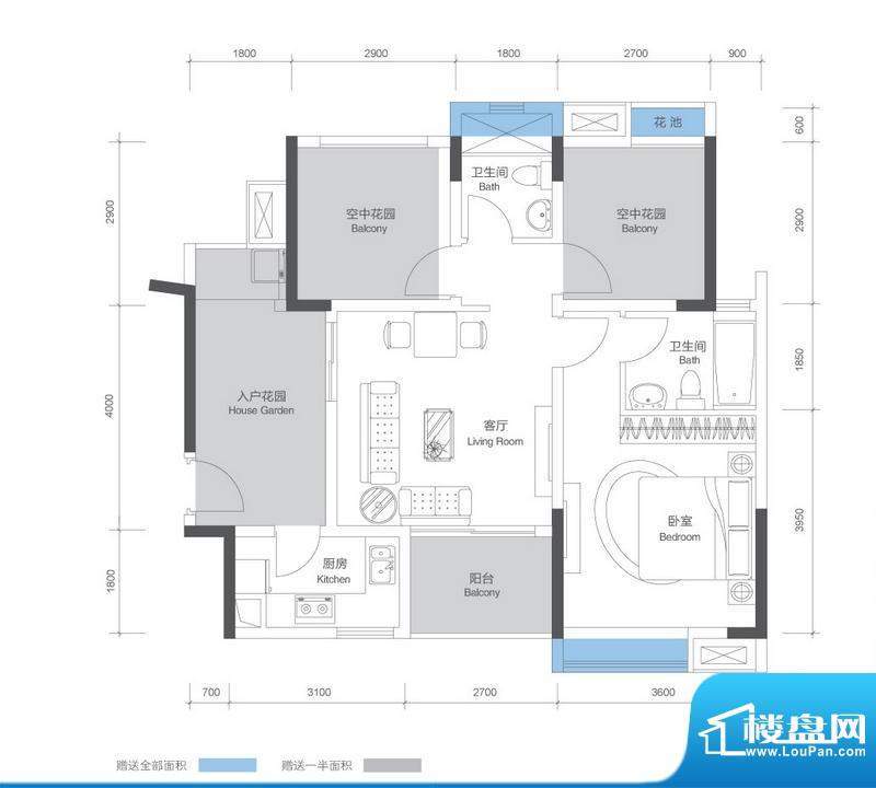 招商花园城二期户型图1栋\4栋1面积:89.00平米